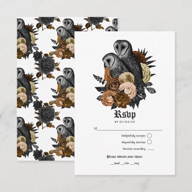 Vintage Glam Amber Owls Gothic Wedding RSVP Card (Front/Back)