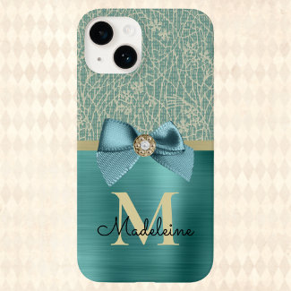 Vintage Glam Brushed Teal Textile Look Monogrammed