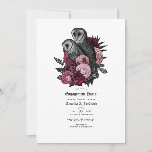 Vintage Glam Burgundy Owls Gothic Engagement Party Invitation