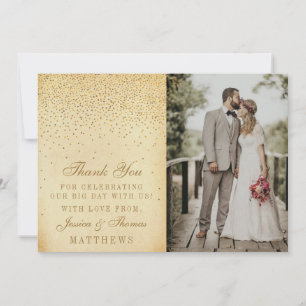 Vintage Glam Gold Confetti Wedding Photo Thank You Card