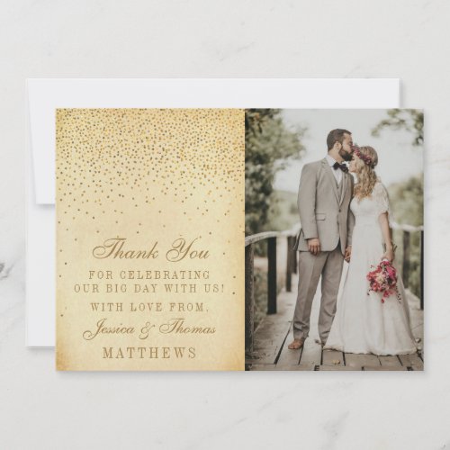 Vintage Glam Gold Confetti Wedding Photo Thank You Card