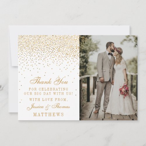 Vintage Glam Gold Confetti Wedding Photo Thank You Card