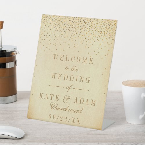 Vintage Glam Gold Confetti Wedding Welcome Pedestal Sign