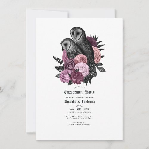 Vintage Glam Mauve Owls Gothic Engagement Party Invitation