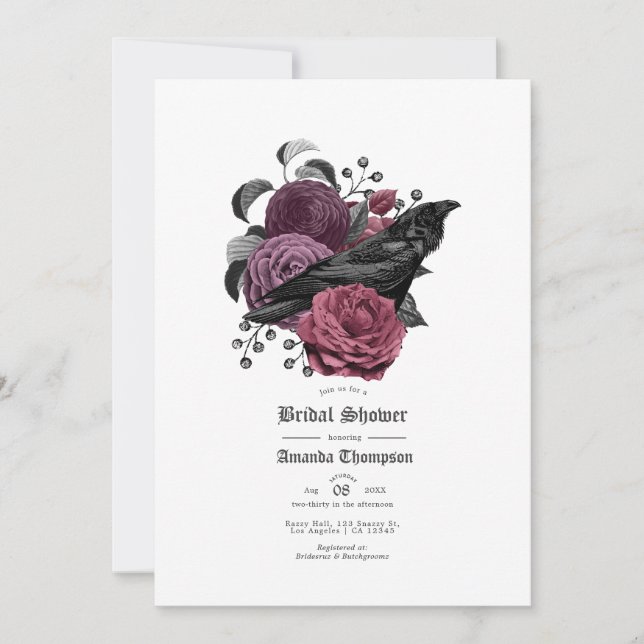 Vintage Glam Mauve Raven Gothic Bridal Shower Invitation (Front)