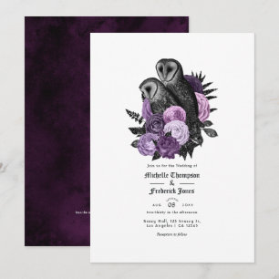 Vintage Glam Purple Owls Gothic Wedding QR Code Invitation
