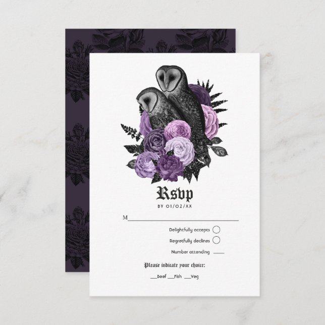 Vintage Glam Purple Owls Gothic Wedding RSVP Card (Front/Back)