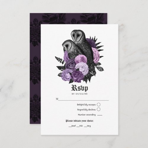 Vintage Glam Purple Owls Gothic Wedding RSVP Card