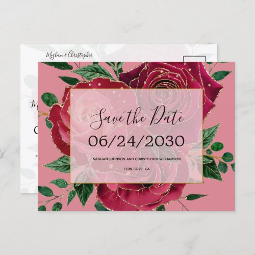 Vintage Glam Red Pink Roses Wedding Save the Date Announcement Postcard