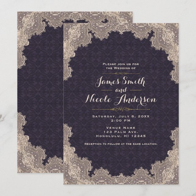 Vintage Glam Romantic Lace Purple Elegant Wedding Invitation (Front/Back)
