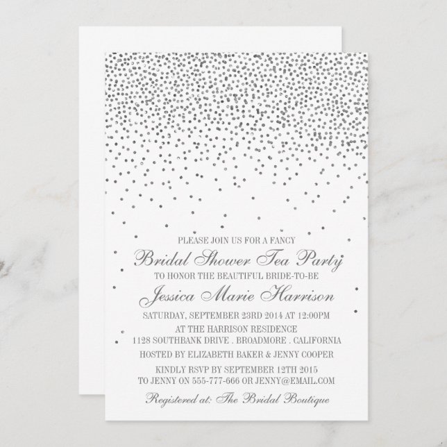 Vintage Glam Silver Confetti Bridal Shower Invitation (Front/Back)