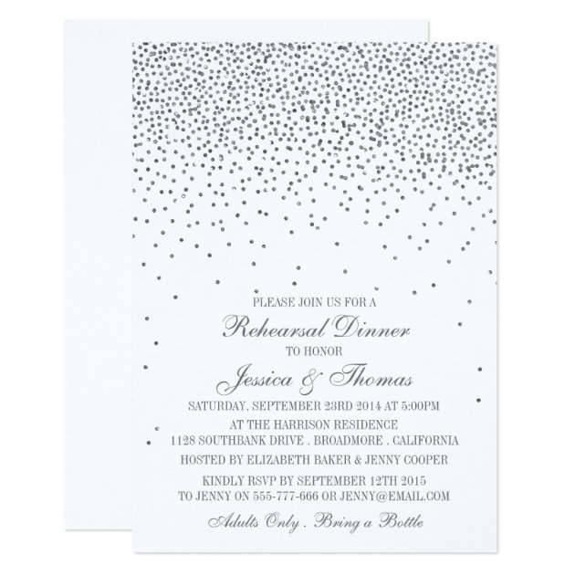 Vintage Glam Silver Confetti Rehearsal Dinner Invitation