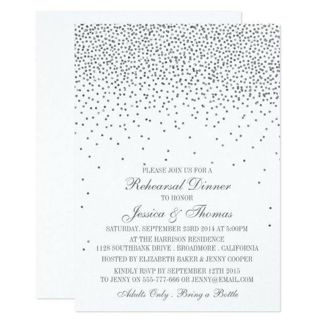 Vintage Glam Silver Confetti Rehearsal Dinner Invitation