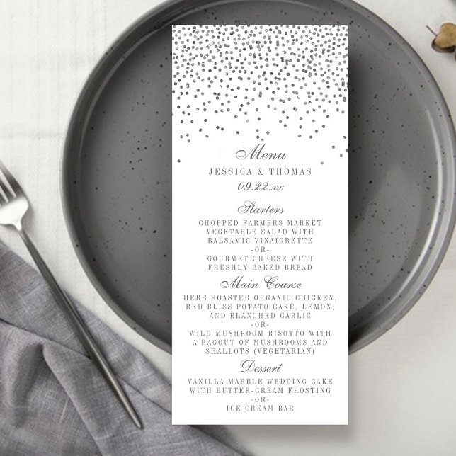 Vintage Glam Silver Confetti Wedding Menu Cards (Creator Uploaded)