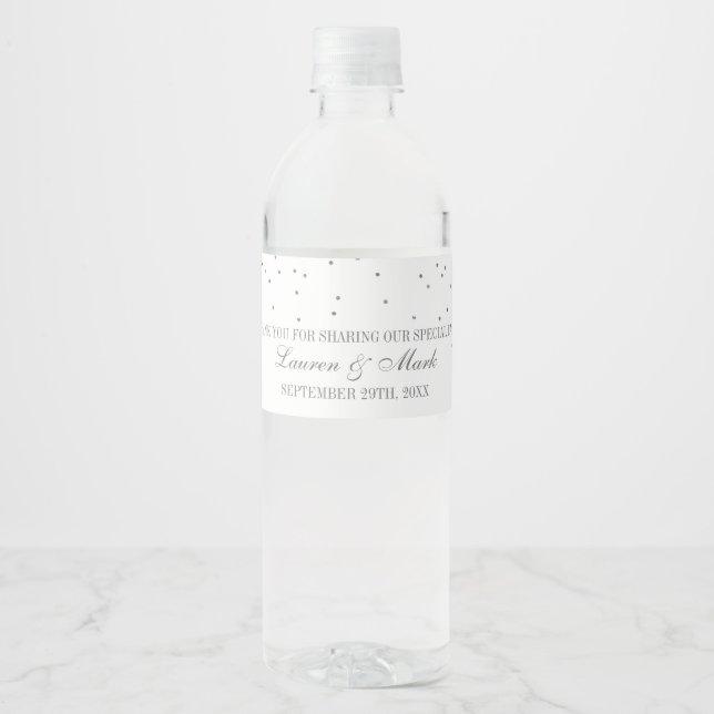 Vintage Glam Silver Confetti Wedding Water Bottle Label (Front)