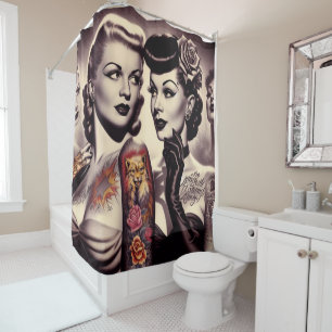 Vintage Glam Tattoo Pinups Shower Curtain