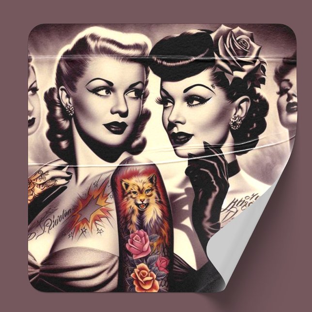 Vintage Glam Tattoo Pinups Square Paper Coaster (Creator Uploaded)