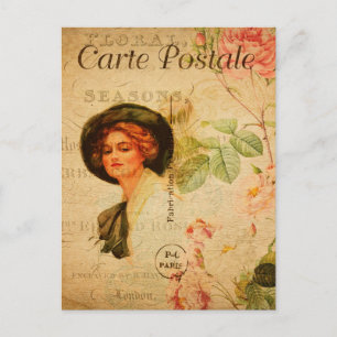 Vintage Glamorous Lady Woman Rose Floral French Postcard