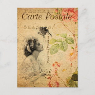 Vintage Glamorous Lady Woman Rose Floral French Postcard