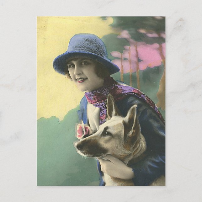 Vintage Glamour Girl and German Shepard Postcard (Front)
