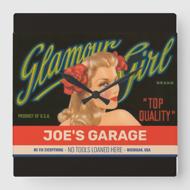 Vintage Glamour Girl Custom Garage Square Wall Clock (Front)