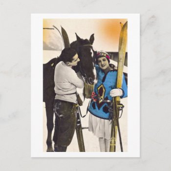 Vintage Glamour Girl - Love Skiing & Horse Postcard by FrenchFlirt at Zazzle