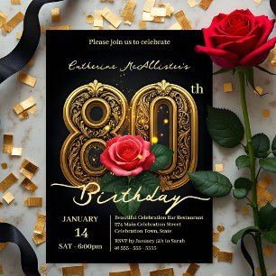 Vintage Glamour Red Rose Gold Number 80th Birthday Invitation