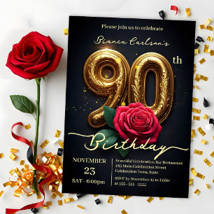 Vintage Glamour Red Rose Gold Number 90th Birthday Invitation
