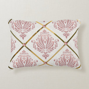 Vintage Glamour Rose Mauve Damask on White Linen Accent Pillow
