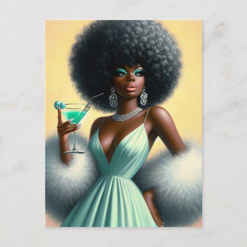 Vintage Glamour Whimsical Afro Pin_Up Mint Green Postcard