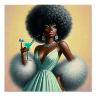 Vintage Glamour: Whimsical Afro Pin-Up Mint Green Poster