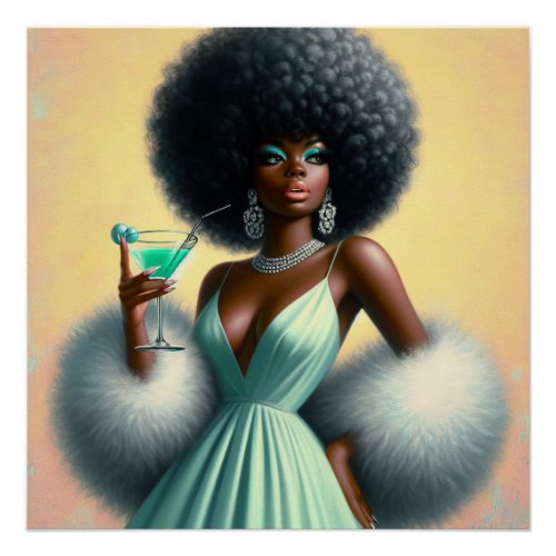 Vintage Glamour Whimsical Afro Pin_Up Mint Green Poster