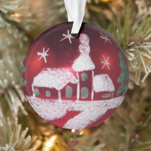 Vintage Glass Ball Red Christmas Snowy House Ornament