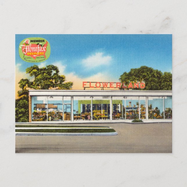 Vintage Glass Greenhouse, Flowerland Postcard (Front)