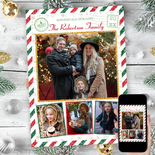 Vintage Glitter Family Photos Airmail Christmas Invitation (Creator Uploaded)