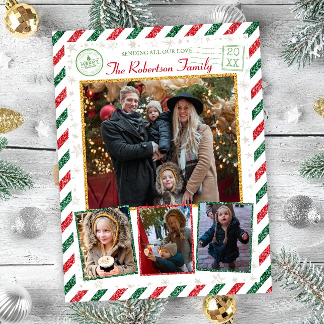 Vintage Glitter Family Photos Airmail Christmas Postcard (Creator Uploaded)