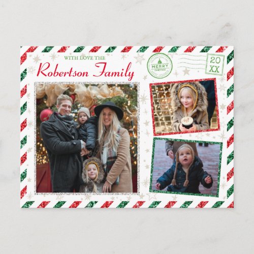 Vintage Glitter Family Photos Airmail Christmas Postcard