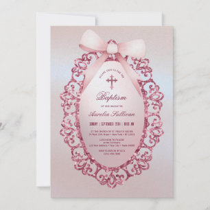 Vintage Glitter Frame Pink Bow Faux Foil Baptism Invitation