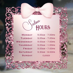 Vintage Glitter Frame Pink Bow Opening Hours Window Cling