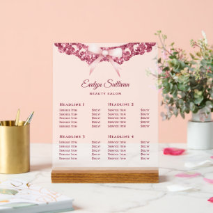Vintage Glitter Frame Pink Bow Price List Acrylic Sign