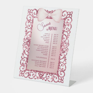 Vintage Glitter Frame Pink Bow Services Menu Pedestal Sign
