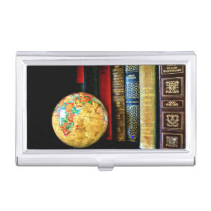 Vintage Globe and Books Business Card Case