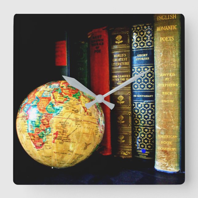Vintage Globe and Books Square Wall Clock (Front)
