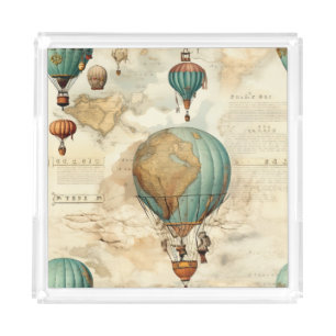 Vintage Globe Hot Air Balloon Antique Map Acrylic Tray