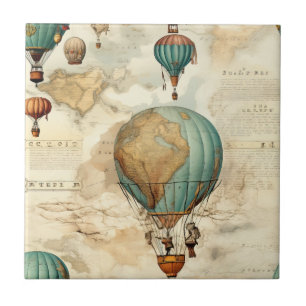 Vintage Globe Hot Air Balloon Antique Map Ceramic Tile