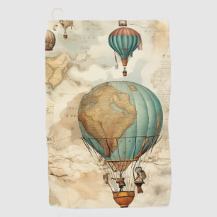 Vintage Globe Hot Air Balloon Antique Map Golf Towel