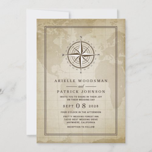 Vintage Globe Nautical Compass Wedding Invitations