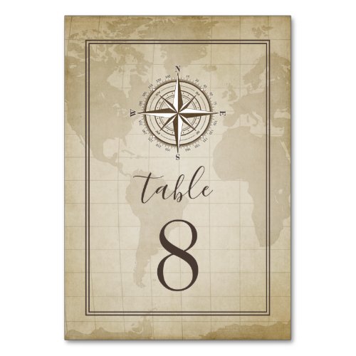 Vintage Globe Nautical Compass Wedding Table Number