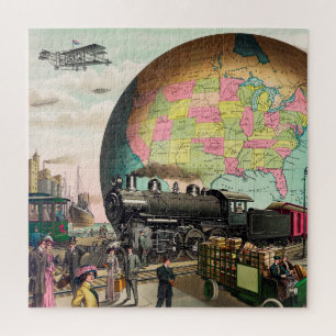 Vintage Globe Transport America Locomotive Artwork Jigsaw Puzzle