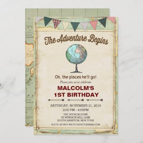 Vintage Globe Travel 1st Birthday Invitation